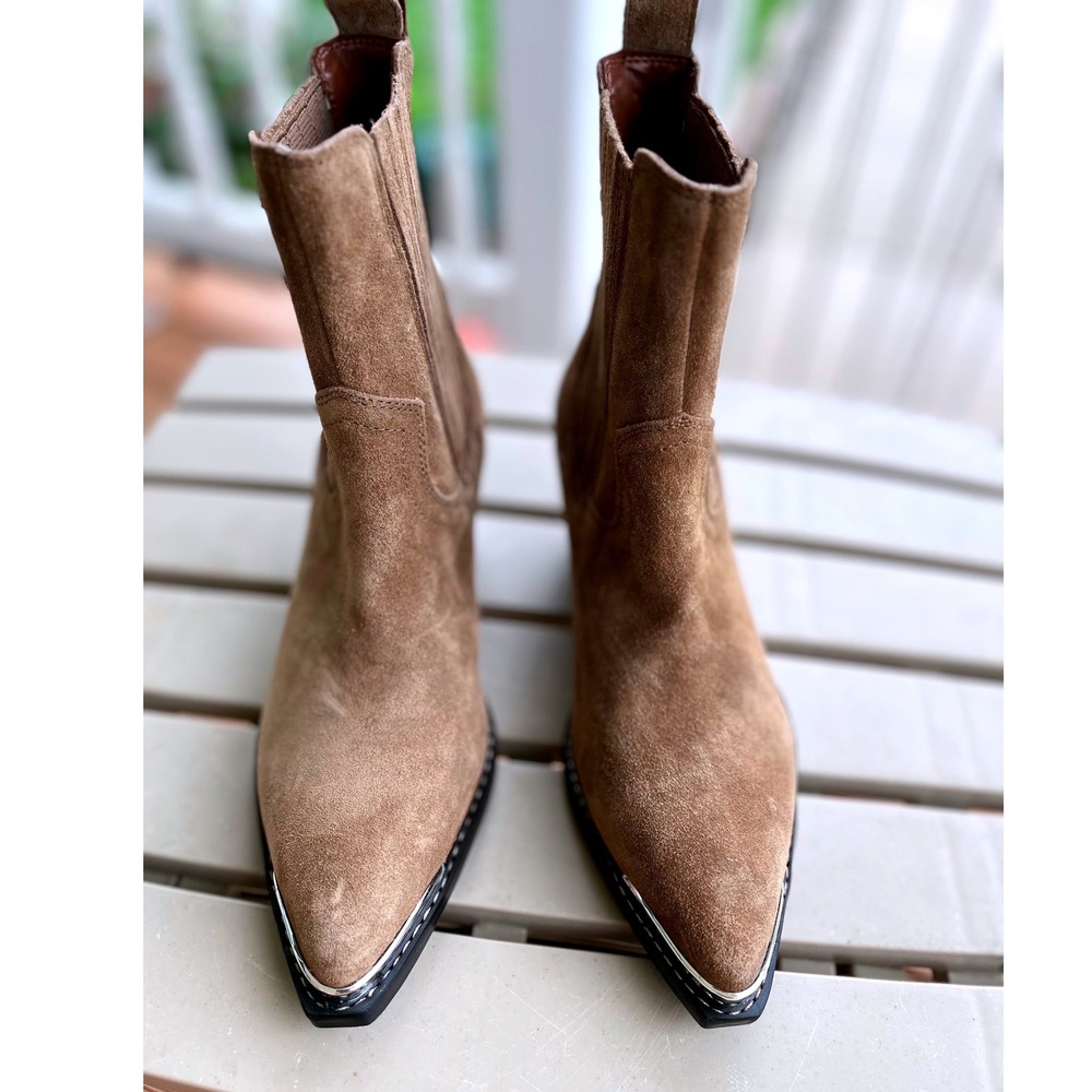 Marc Fisher LTD Brown Suede Western Pointed Metal Tip Ankle Boots Womens 6M